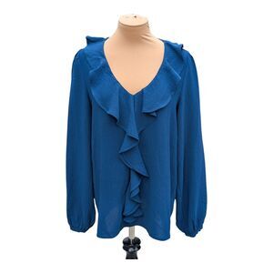 FSL Apparel Teal Ruffle V-Neck Long Sleeve Blouse Top Size Small Mature Office